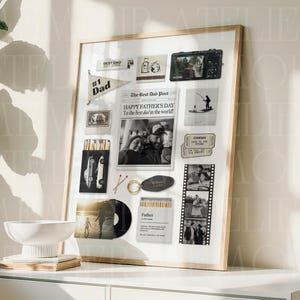 May include: A framed collage print featuring a central newspaper titled The Best Dad Post, surrounded by various black and white photographs, a pennant labeled #1 Dad, a film strip, a vinyl record, a keychain, and matchboxes with text.
