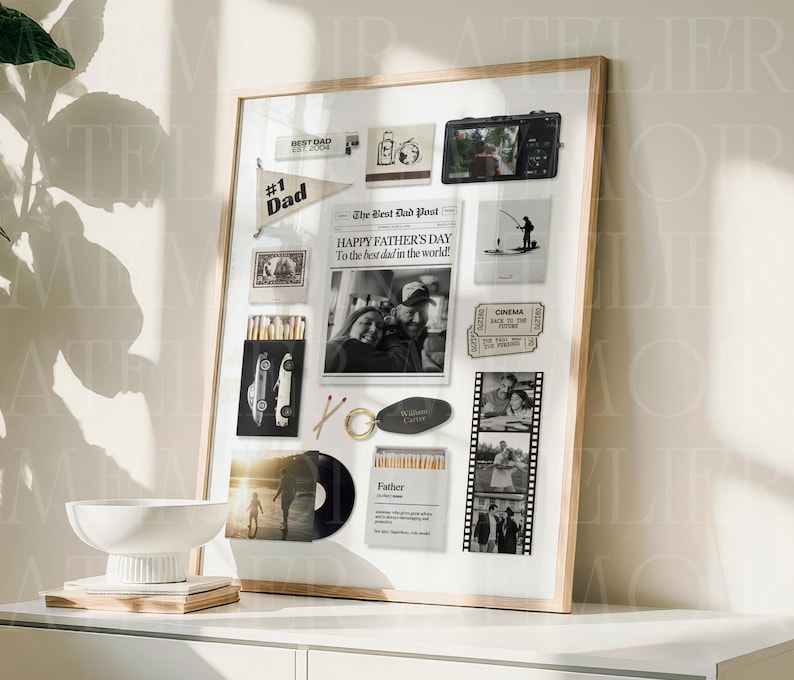 May include: A framed collage print featuring a central newspaper titled The Best Dad Post, surrounded by various black and white photographs, a pennant labeled #1 Dad, a film strip, a vinyl record, a keychain, and matchboxes with text.