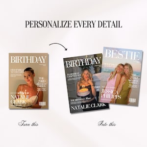 May include: Three magazine covers titled BIRTHDAY and BESTIE featuring photographs of individuals with birthday cakes. The text reads PERSONALIZE EVERY DETAIL, Turn this, and Into this. The designs include white serif typography and layout elements.