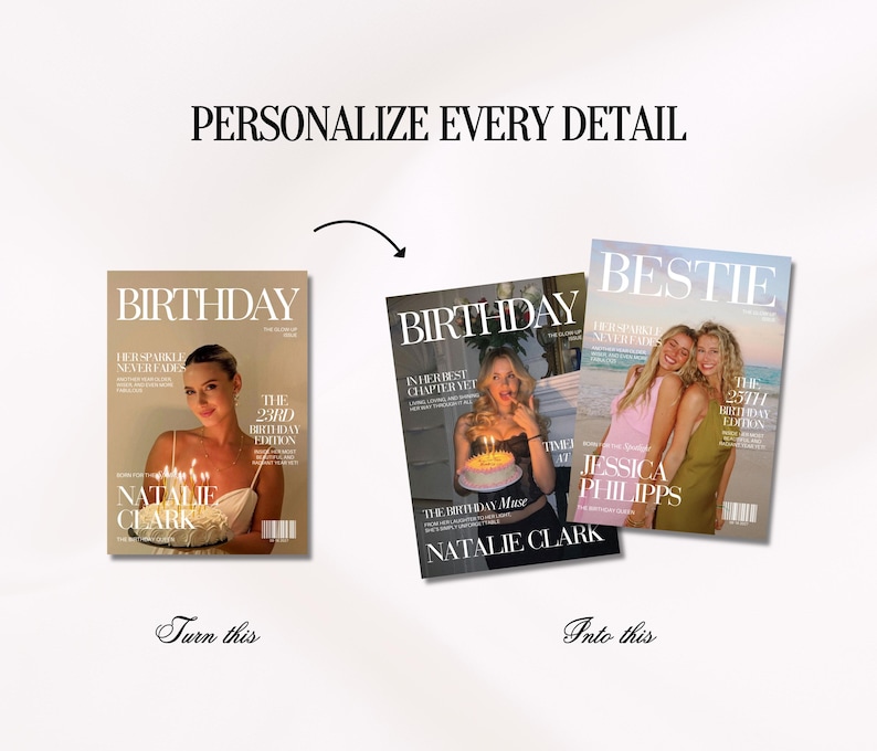 May include: Three magazine covers titled BIRTHDAY and BESTIE featuring photographs of individuals with birthday cakes. The text reads PERSONALIZE EVERY DETAIL, Turn this, and Into this. The designs include white serif typography and layout elements.