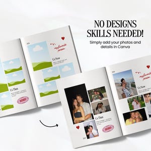 May include: Open photo album with the text "NO DESIGNS SKILLS NEEDED! Simply add your photos and details in Canva." The album pages feature photo layouts, the words "Us Then" and "Us Now", and the phrase "my favorite person."