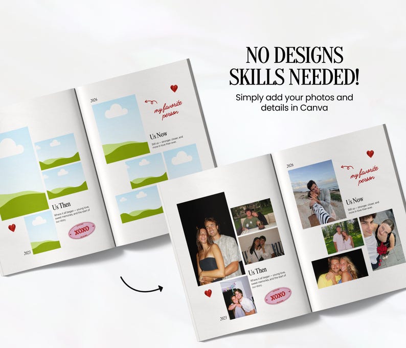 May include: Open photo album with the text "NO DESIGNS SKILLS NEEDED! Simply add your photos and details in Canva." The album pages feature photo layouts, the words "Us Then" and "Us Now", and the phrase "my favorite person."