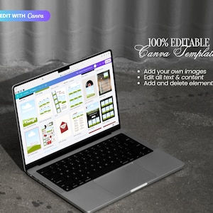 May include: A silver laptop displaying a Canva template with various design elements. The screen shows a variety of editable templates. Text on the screen includes "Things" and "100% EDITABLE Canva Template". The laptop is on a gray surface.
