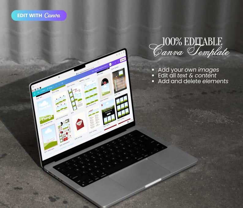 May include: A silver laptop displaying a Canva template with various design elements. The screen shows a variety of editable templates. Text on the screen includes "Things" and "100% EDITABLE Canva Template". The laptop is on a gray surface.