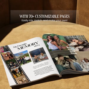 May include: An open photo book featuring the text My Favorite MEMORY OF US and WITH 70+ CUSTOMIZABLE PAGES. The pages display various candid photographs of people in different settings, arranged with a film strip border and descriptive text blocks.