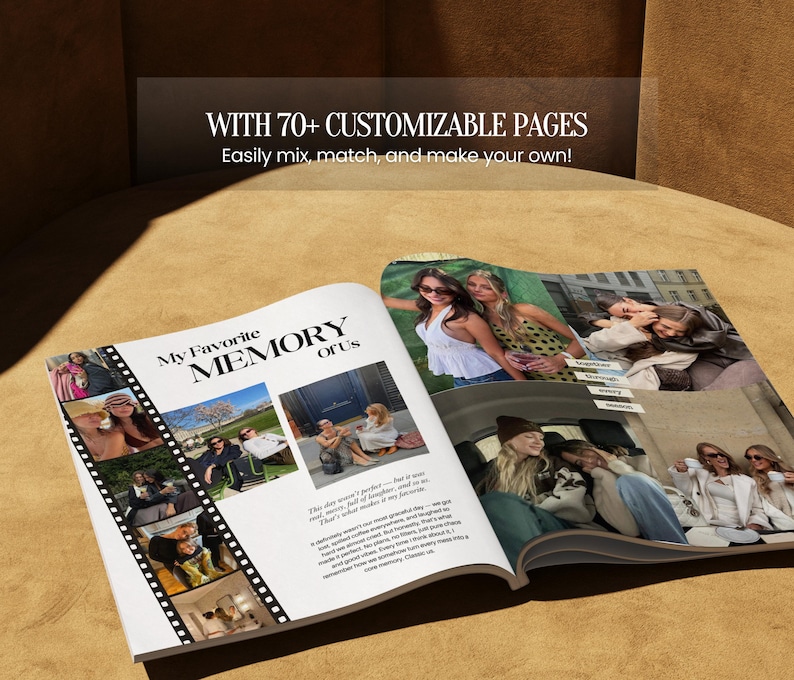 May include: An open photo book featuring the text My Favorite MEMORY OF US and WITH 70+ CUSTOMIZABLE PAGES. The pages display various candid photographs of people in different settings, arranged with a film strip border and descriptive text blocks.