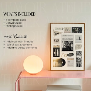 May include: A framed collage template featuring various black and white photographs, a newspaper clipping titled The Best Dad Post, a pennant flag labeled #1 Dad, a vinyl record, and matchboxes, all arranged on a light background for customization.