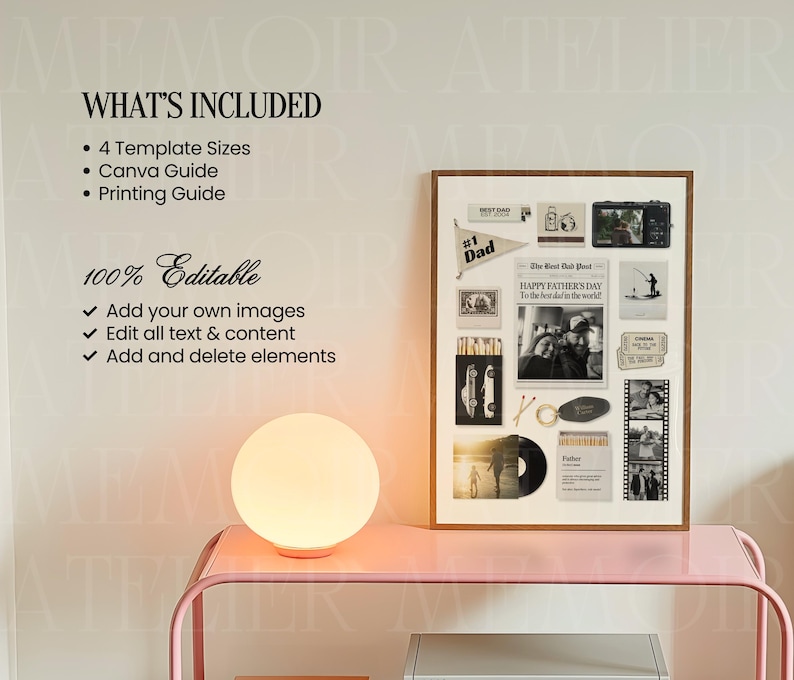 May include: A framed collage template featuring various black and white photographs, a newspaper clipping titled The Best Dad Post, a pennant flag labeled #1 Dad, a vinyl record, and matchboxes, all arranged on a light background for customization.