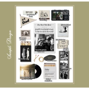 May include: A collage of items including a #1 Dad pennant, a newspaper titled The Best Dad Post, a camera, a matchbox with car graphics, a keychain with the name William Carter, a film strip, a vinyl record, and a matchbox with a father definition.