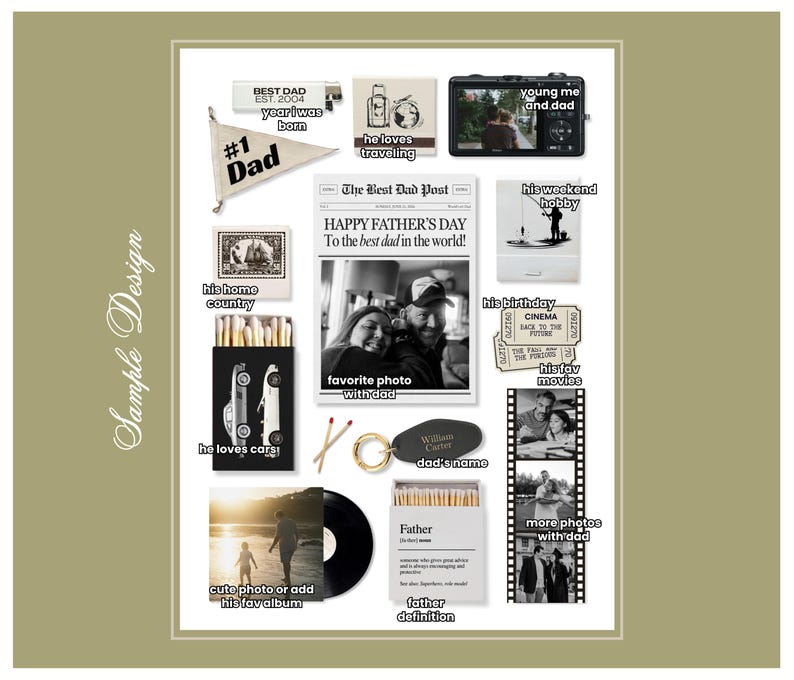 May include: A collage of items including a #1 Dad pennant, a newspaper titled The Best Dad Post, a camera, a matchbox with car graphics, a keychain with the name William Carter, a film strip, a vinyl record, and a matchbox with a father definition.