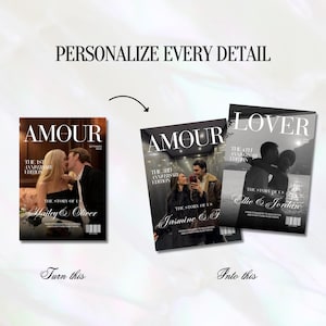 May include: Image of three magazine covers with the word "AMOUR" and "LOVER" in large font. The covers feature couples in romantic poses. The text "PERSONALIZE EVERY DETAIL" and "Turn this Into this" are also visible.