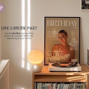 May include: A framed poster featuring a magazine cover titled BIRTHDAY, THE 23RD BIRTHDAY EDITION, with a photograph of a person holding a cake with lit candles. The poster includes text stating LOVE A SPECIFIC PAGE? Use the 12 x 18 in. template.