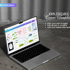 May include: A silver laptop displaying a Canva interface with multiple design templates on the screen. Text on the right reads 100% EDITABLE Canva Template, Add your own images, Edit all text & content, and Add and delete elements.
