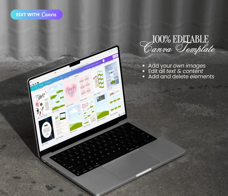 May include: A silver laptop displaying a Canva interface with multiple design templates on the screen. Text on the right reads 100% EDITABLE Canva Template, Add your own images, Edit all text & content, and Add and delete elements.