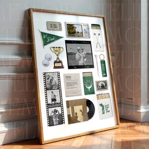Może przedstawiać: Oprawiony kolaż z pamiątkami golfowymi, zawierający zielony proporczyk z napisem #1 Dad, złote trofeum, dwie białe piłki golfowe, pasek filmu z czarno-białymi zdjęciami, pudełko zapałek Best Dad By Par oraz zielony brelok z napisem 09 24 71.