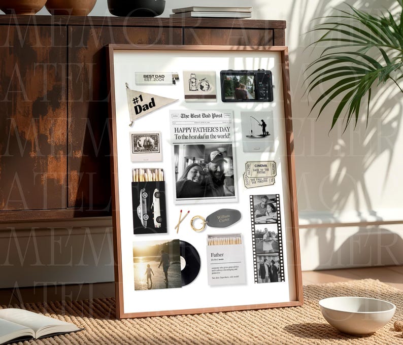 May include: A framed collage featuring a newspaper clipping titled The Best Dad Post, a #1 Dad pennant, a black and white film strip, a vinyl record, matchboxes with car and father graphics, a camera, a keychain, and various black and white photographs.