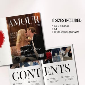 May include: A magazine cover with the title "AMOUR" and the text "The 1st Anniversary Edition." The cover features a couple kissing. The magazine includes three sizes: 8.5 x 11 inches, A4, and 12 x 18 inches.