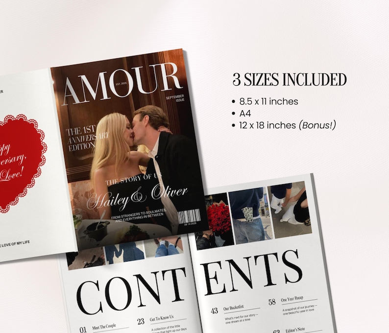May include: A magazine cover with the title "AMOUR" and the text "The 1st Anniversary Edition." The cover features a couple kissing. The magazine includes three sizes: 8.5 x 11 inches, A4, and 12 x 18 inches.