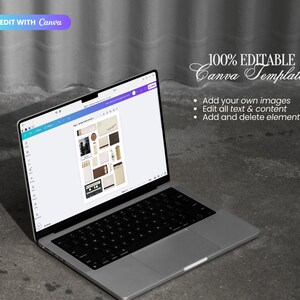 Pode incluir: Um computador port&aacute;til aberto para um modelo de design Canva com o texto "100% Editable Canva Template" e uma lista de recursos: "Adicionar suas pr&oacute;prias imagens", "Editar todo o texto e conte&uacute;do" e "Adicionar e excluir elementos". O modelo &eacute; uma colagem de imagens de estilo vintage.