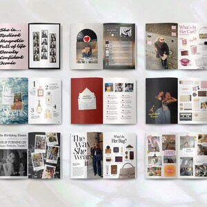 May include: A collection of nine open magazine spreads featuring photo collages, text, and lifestyle imagery. The pages display various layouts including lists, product grids, and personal photographs with captions like The Birthday Times and Her Scents.