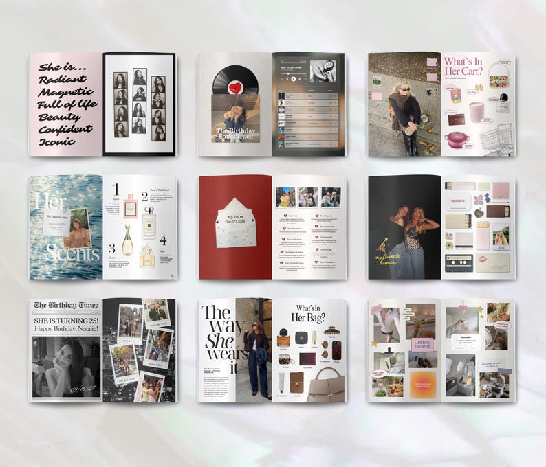 May include: A collection of nine open magazine spreads featuring photo collages, text, and lifestyle imagery. The pages display various layouts including lists, product grids, and personal photographs with captions like The Birthday Times and Her Scents.