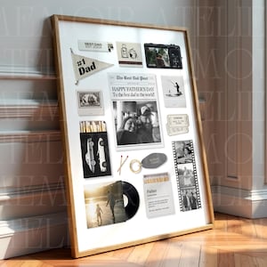 May include: A framed collage print featuring a newspaper titled The Best Dad Post, a #1 Dad pennant, a vintage car matchbox, a film strip with family photos, a vinyl record, a keychain, and various black and white illustrations of a fishing scene.