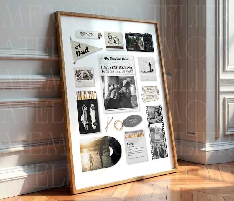 May include: A framed collage print featuring a newspaper titled The Best Dad Post, a #1 Dad pennant, a vintage car matchbox, a film strip with family photos, a vinyl record, a keychain, and various black and white illustrations of a fishing scene.