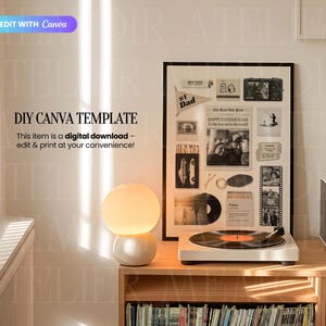 May include: A digital DIY Canva template featuring a framed collage of Father's Day themed graphics, including a newspaper clipping, photos, and a pennant. The display includes a glowing spherical lamp and a record player on a wooden surface.
