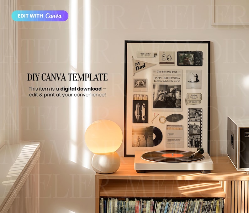 May include: A digital DIY Canva template featuring a framed collage of Father's Day themed graphics, including a newspaper clipping, photos, and a pennant. The display includes a glowing spherical lamp and a record player on a wooden surface.