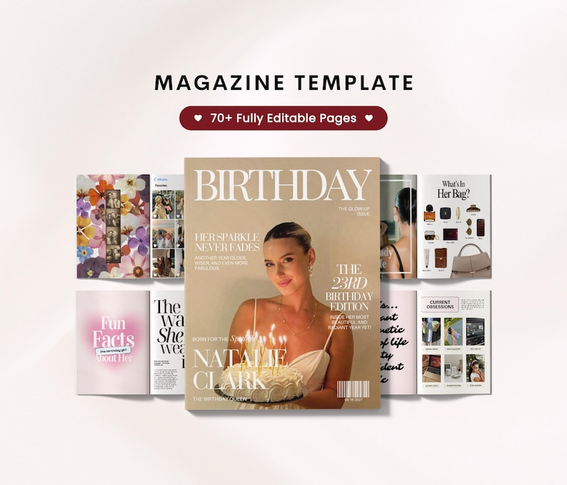 May include: A magazine template with the title "Magazine Template" and the text "70+ Fully Editable Pages". The cover of the magazine is "BIRTHDAY" with a woman holding a cake. Other pages include "Fun Facts About Her" and "What's in Her Bag?"