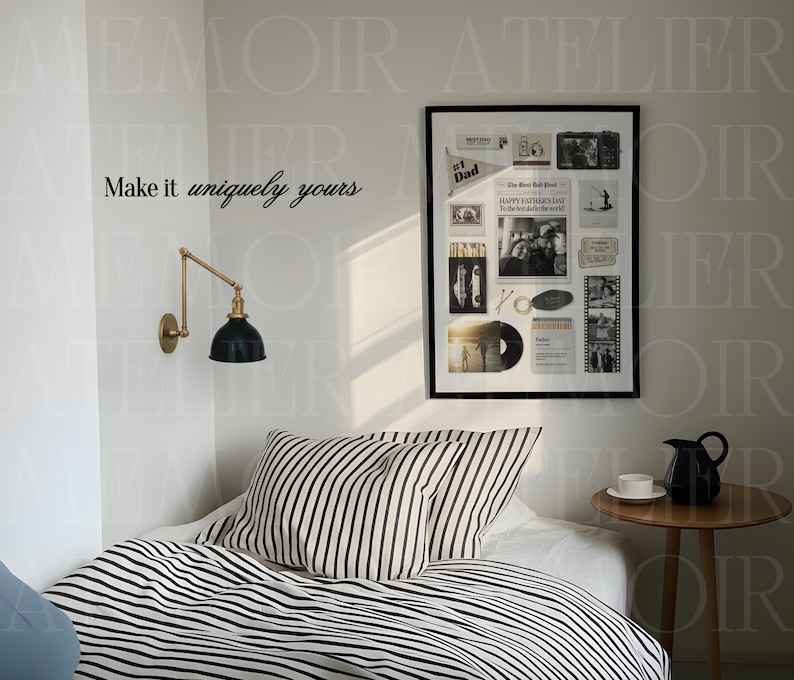 May include: A framed collage print featuring various black and white photographs, a newspaper clipping titled Happy Father's Day, and small memorabilia items. The print is displayed on a wall above a bed with black and white striped bedding.