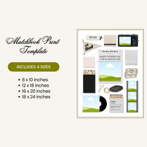 May include: A Matchbook Print Template digital file featuring text that reads Matchbook Print Template, Includes 4 Sizes, 8 x 10 inches, 12 x 18 inches, 16 x 20 inches, 18 x 24 inches, and a collage of Father's Day themed items like a newspaper.