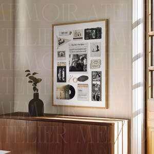 May include: A framed collage print featuring a central newspaper clipping titled The Best Dad Post, surrounded by various black and white photographs, a pennant labeled #1 Dad, a vinyl record, a film strip, and small graphic cards with text.