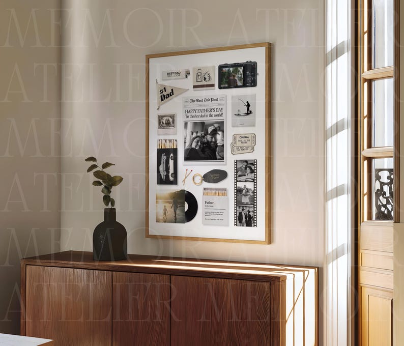 May include: A framed collage print featuring a central newspaper clipping titled The Best Dad Post, surrounded by various black and white photographs, a pennant labeled #1 Dad, a vinyl record, a film strip, and small graphic cards with text.