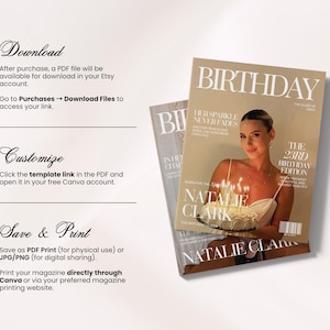 May include: A digital magazine template featuring a beige cover with the title BIRTHDAY, the text THE 23RD BIRTHDAY EDITION, and a photograph of a person holding a lit birthday cake. The layout includes instructions for download, customization, and printing.