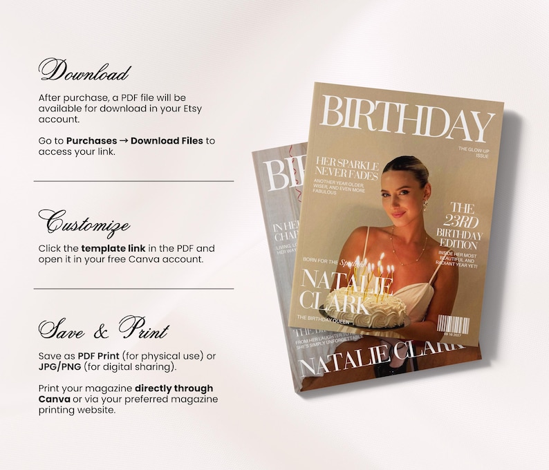 May include: A digital magazine template featuring a beige cover with the title BIRTHDAY, the text THE 23RD BIRTHDAY EDITION, and a photograph of a person holding a lit birthday cake. The layout includes instructions for download, customization, and printing.