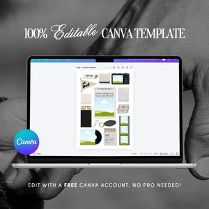 May include: A digital laptop screen displaying a 100% editable Canva template featuring various graphic elements like a newspaper, film strip, camera, and matchboxes. The text reads 100% Editable CANVA TEMPLATE and EDIT WITH A FREE CANVA ACCOUNT, NO PRO NEEDED!