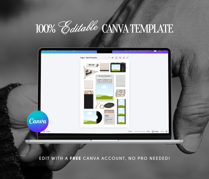 May include: A digital laptop screen displaying a 100% editable Canva template featuring various graphic elements like a newspaper, film strip, camera, and matchboxes. The text reads 100% Editable CANVA TEMPLATE and EDIT WITH A FREE CANVA ACCOUNT, NO PRO NEEDED!