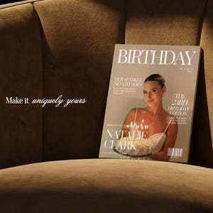 May include: A custom magazine cover titled BIRTHDAY featuring a person holding a cake with lit candles. The text reads Make it uniquely yours, Her sparkle never fades, The 23rd Birthday Edition, and Natalie Clark. The cover has a barcode.