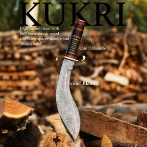 Handmade Damascus Kukri Knife with Bull Horn, Wood and Brass Handle Survival Knife Anniversary Gift Camping Knife Gift for Him