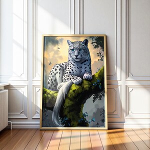 Arte mural de leopardo de las nieves: póster maximalista de animales de la selva, impresión digital de vida silvestre, decoración natural ecléctica, ilustraciones vectoriales en PDF