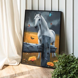 Arte mural de caballo blanco: póster digital de animales de granja, decoración rústica imprimible, impresión rústica de caballo, obra de arte natural maximalista, vector PDF