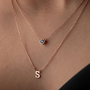 Collar con piedra de nacimiento personalizado, collar de doble cadena, collar con letras, collar delicado, joyería personalizada, regalo para ella, padre