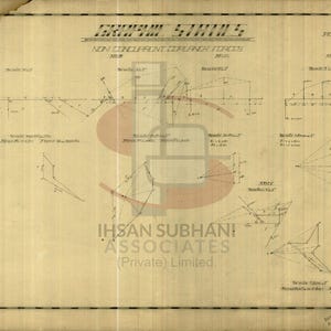 Könnte beinhalten: Ein Schwarzweißdiagramm auf einem beigefarbenen Papierhintergrund. Das Diagramm zeigt eine Reihe von Linien und Winkeln mit dem Text "GRAPHIC STATICS" und "NON CONCURRENT COPLANAR FORCES" oben. Das Diagramm ist mit verschiedenen Maßen und Winkeln beschriftet. Der Text "IHSAN SUBHANI ASSOCIATES (Private) Limited." befindet sich unten im Diagramm.