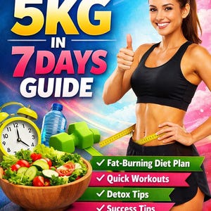Könnte beinhalten: Titelbild eines Fitness-Ratgebers mit dem Text "LOSE 5KG IN 7 DAYS GUIDE". Das Bild zeigt eine Frau in Sportkleidung, eine Salatschüssel, Hanteln, eine Wasserflasche und einen Wecker. Der Ratgeber verspricht einen fettverbrennenden Diätplan, schnelle Workouts, Detox-Tipps und Erfolgstipps.
