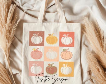 Retro Pumpkin Grid Canvas Tote Bag: Fall Market Reusable Bag