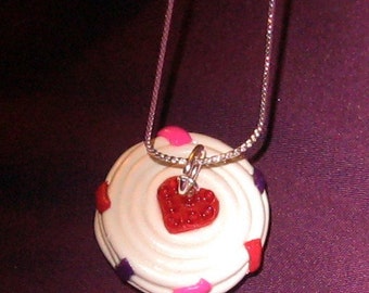 Valentines Day Red Love Heart Pink Cupcake with Sweet Sprinkles Necklace / Pendant