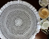 Table Topper, or Small Tablecloth, Hand Crocheted in White, Fluted Edge 12206