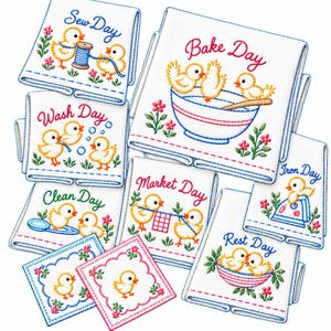 May include: A collection of white kitchen towels and square cloths featuring embroidered yellow chicks and floral accents. Each towel displays a specific day of the week theme with text including Sew Day, Bake Day, Wash Day, Market Day, Iron Day, and Rest Day.