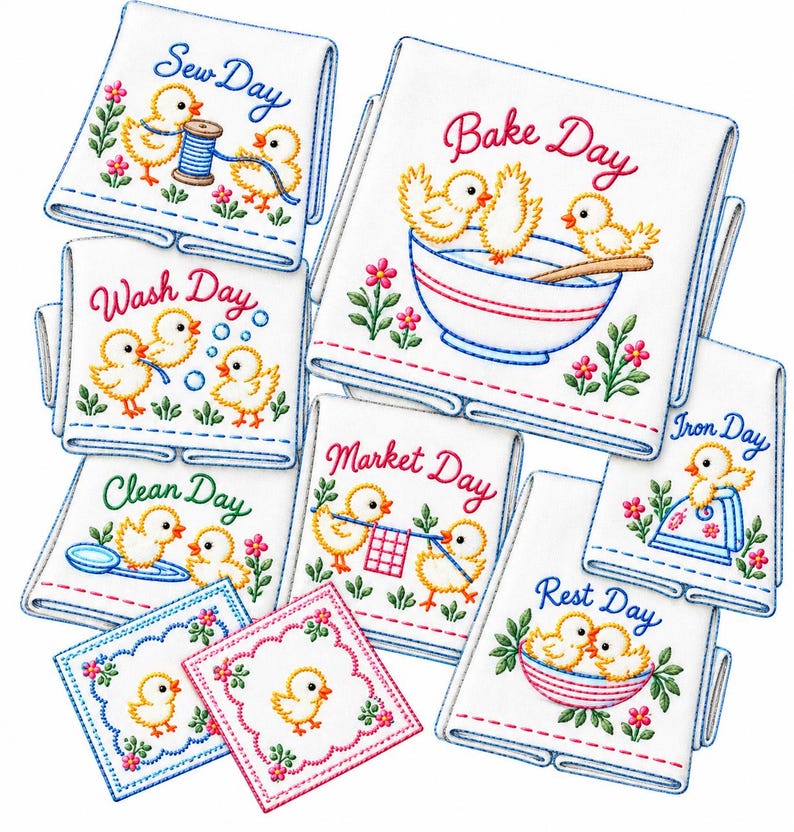 May include: A collection of white kitchen towels and square cloths featuring embroidered yellow chicks and floral accents. Each towel displays a specific day of the week theme with text including Sew Day, Bake Day, Wash Day, Market Day, Iron Day, and Rest Day.